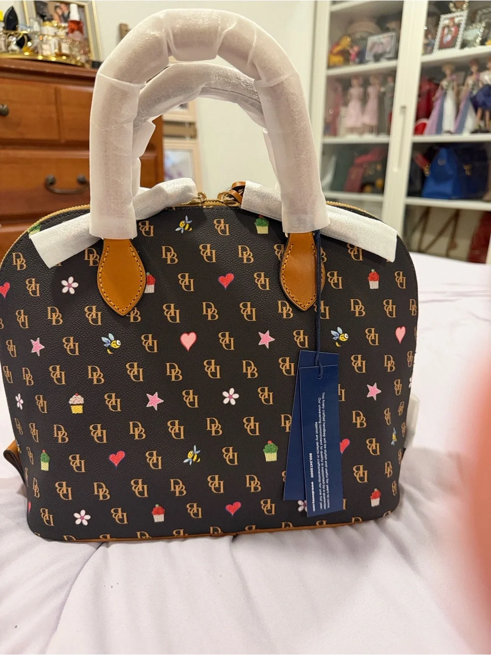 Dooney & Bourke Black Logo Dome Satchel with Colorful Cupcake & Heart Print. New